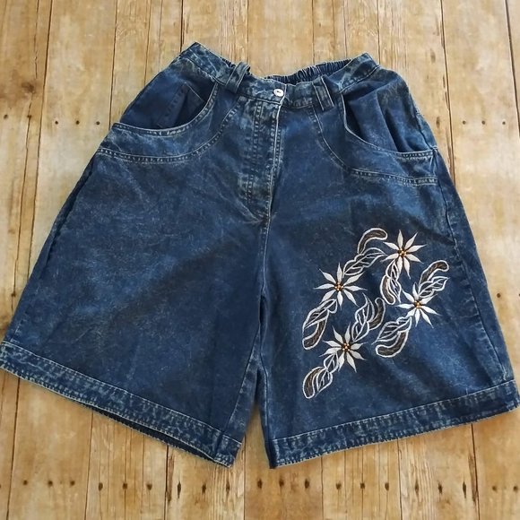 80s High Waist Acid Wash Shorts Embroidered Floral - Picture 1 of 8